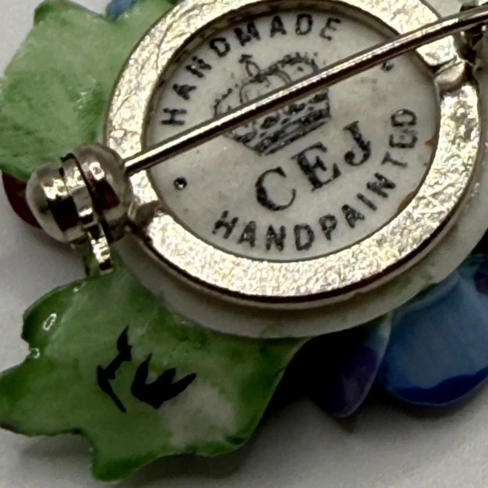 CEJ Handmade Hand Painted Porcelain Pansy Forget Me Not Floral Brooch Pin